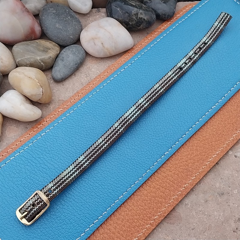 Vintage 10mm Ladies Madras Plaid Blue & Brown 1960s Single Pass Watch Strap gallery