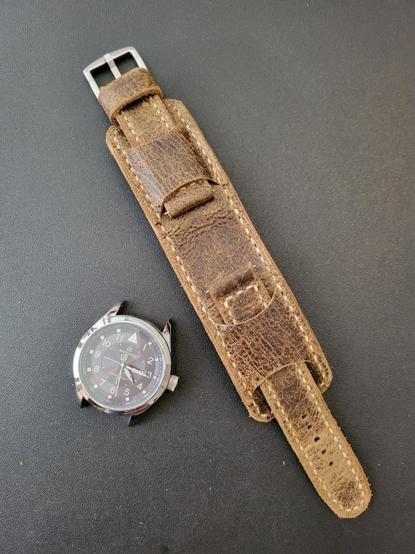 Distressed Brown Bund Watch Strap Vintage Aviator Leather Cuff Handmade 18/20/22 gallery