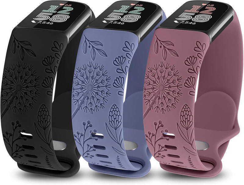 3 Packs Floral Engraved Band Compatible with Fitbit Charge 6 Bands/Fitbit Charge