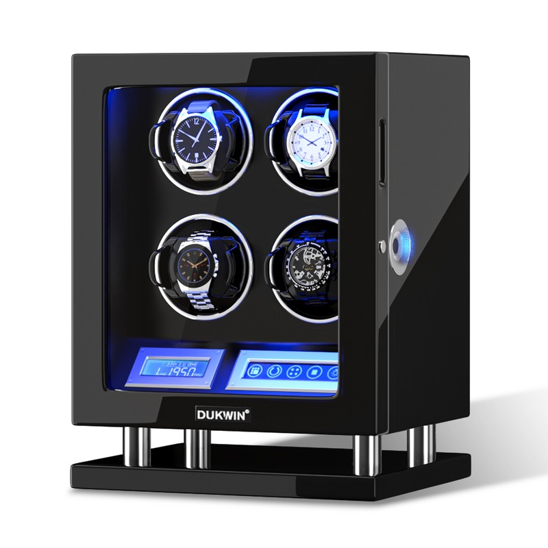 Automatic Watch Winder 4 Watch Box Display Case LCD Touch Blue LED Fingerprint