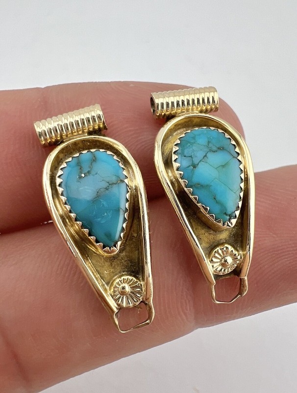 Vtg Kevin Lee Barnhi Navajo 14k Yellow Gold Turquoise Women's Watch Tips 5.7g gallery