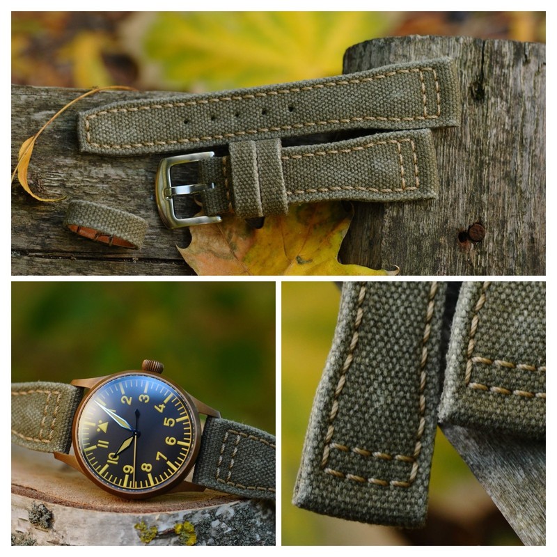 22/18 Handmade rolled olive green canvas watch strap IWC *Ready-Made US-DutyPaid