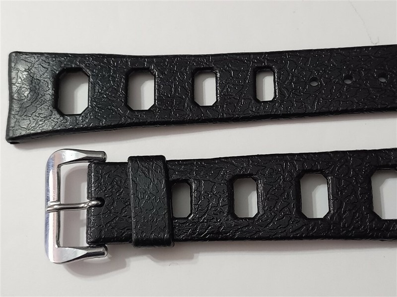 VINTAGE NOS 1960-70’s 20MM SWISS MADE BLACK RUBBER BAND STRAP SS TROPIC BUCKLE
