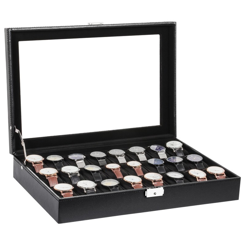 Watch Box, 24-Slot Watch Case, Lockable Watch Storage Box with Glass Lid, Gift