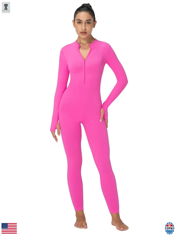 Sunzel Ribbed Long Sleeve Legging-Fit Jumpsuit Zip Front Thumbhole L Hot Pink