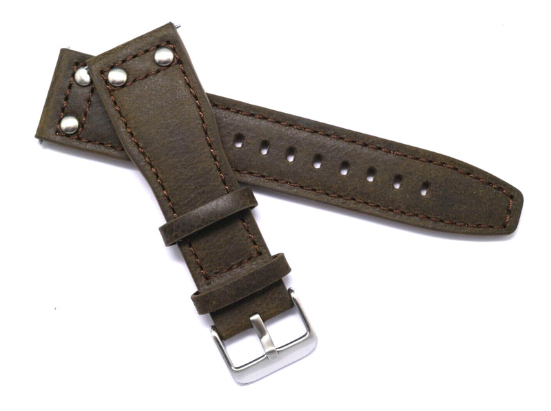 24mm Brown Double Rivet Style Nostalgic Leather Watch Band Silver Buckle
