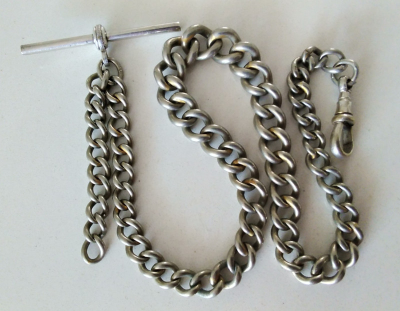Vintage Albert Pocket Watch Chain with T bar & dog clip steel grey / silver tone