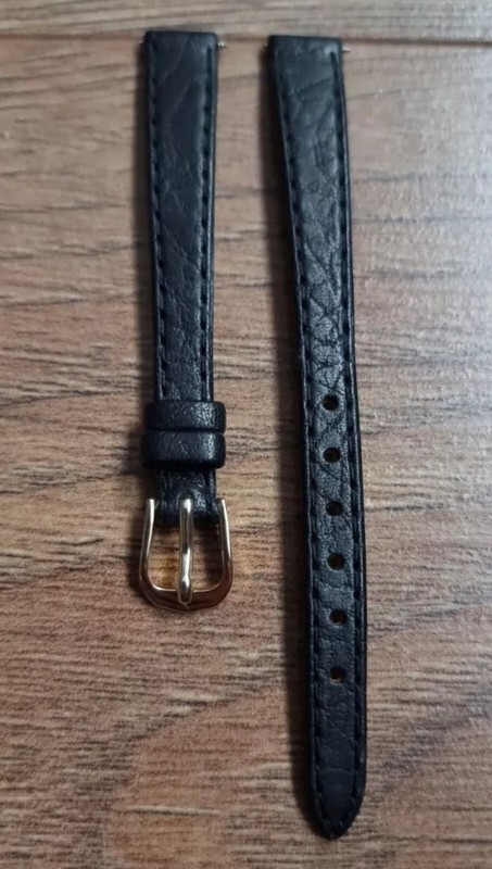 10mm VINTAGE APOLLO BUFFALO GRAIN LEATHER BLACK WATCH STRAP, GOLD BUCKLE, NOS..