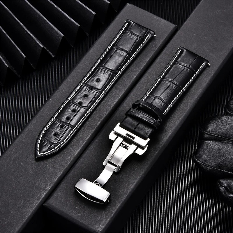 Genuine Calfskin Leather Watch Band 18mm 20mm 22mm 24mm Butterfly Buckle Strap gallery
