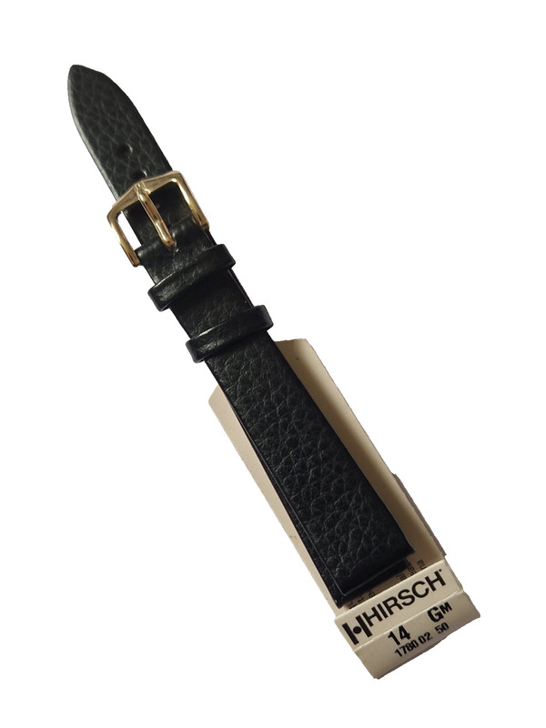 WHOLESALE QUALITY VINTAGE HIRSCH 14MM BLACK DAKOTA, GOLD BUCKLE WATCH STRAP. gallery