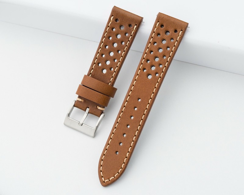 20mm 22mm Leather Rally Racing Watch Band Quick Release Strap - Black Tan Brown gallery