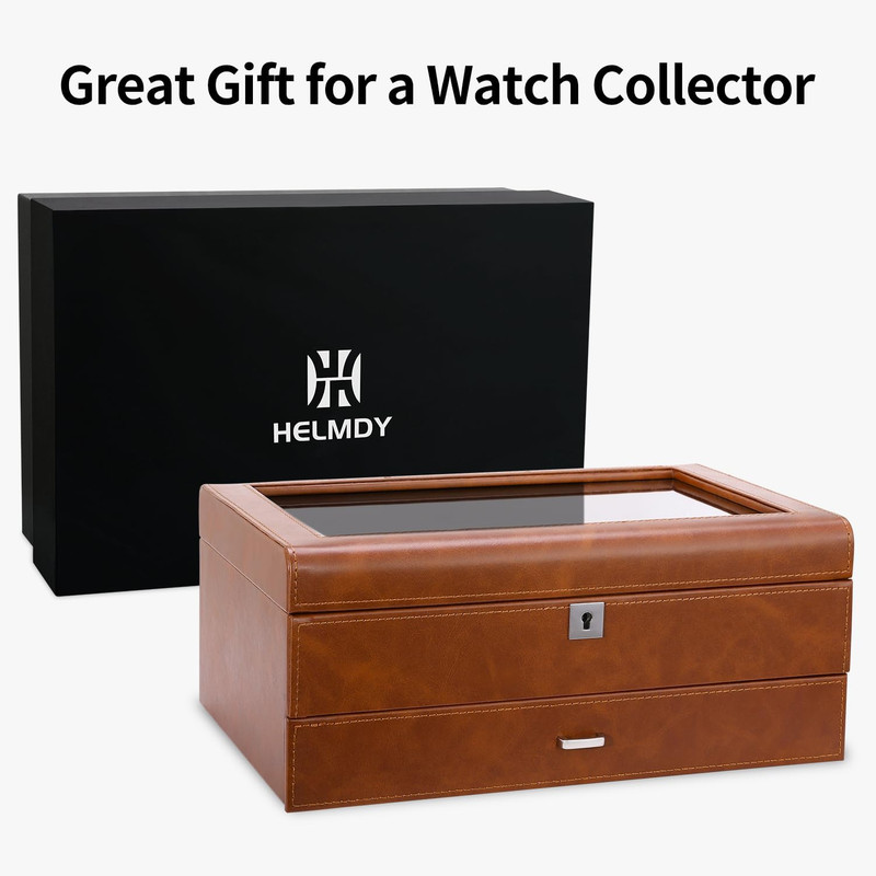 Leather Watch Box with Drawer-10 Slots Locking Jewelry Watches Holder for Men-Lu gallery