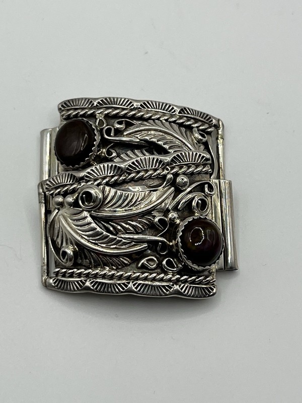 Native American Watch Tips Signed.Design w Brown/green Stone Sterling.Bracelet gallery