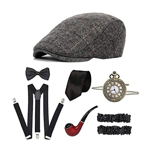 1920s Accessories for Men 20s Gatsby Newsboy Hat Accessories Set Gangster Grey
