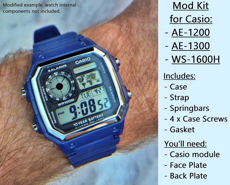 Mod Kit for Casio Royale AE-1200, Blue Case & Strap band (watch module not inc.)