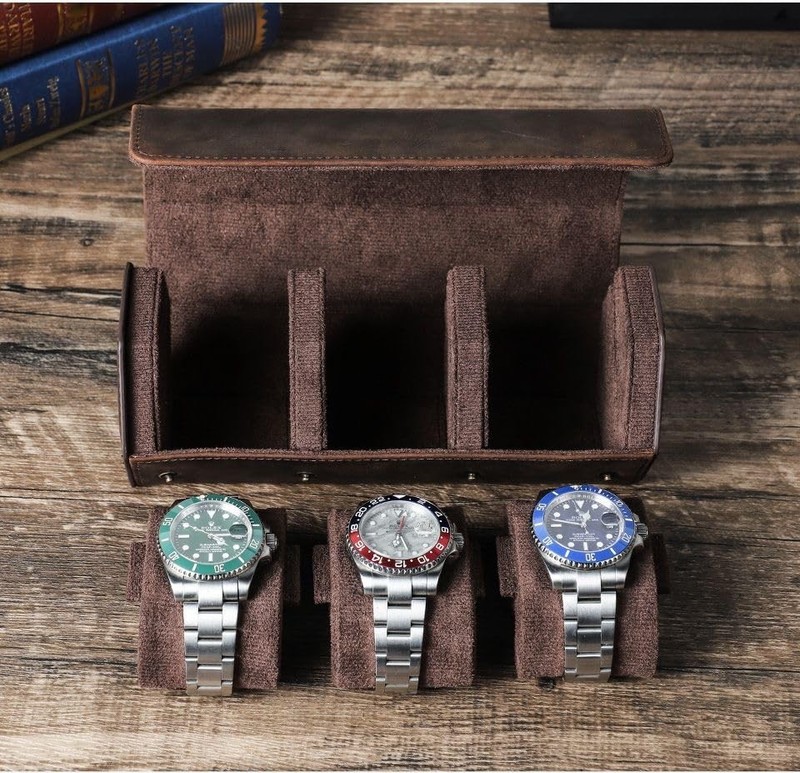 Genuine Leather Watch Roll Travel Case, Vintage Full Grain Hexagon 3 slots gallery