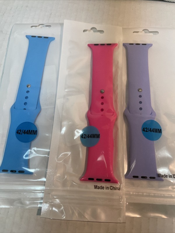 Lot of 3 Fashionable Soft Silicone Bands Apple Watch 42/44mm Purple Blue Pink