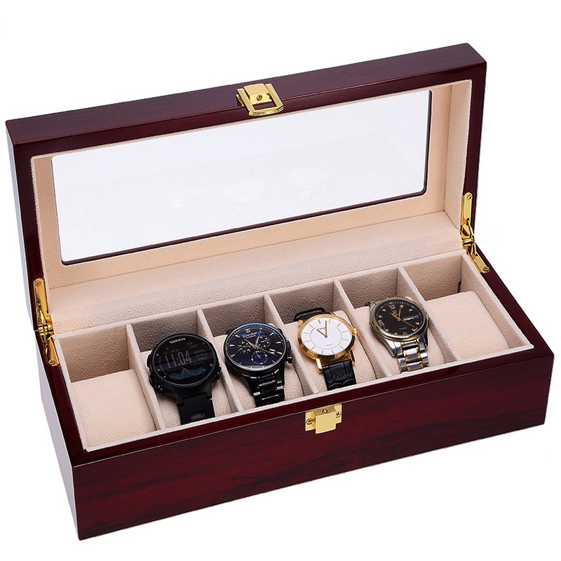 6 Slot Man Wrist Watch Box Display Case Glass Jewelry Wooden Storage Gift US