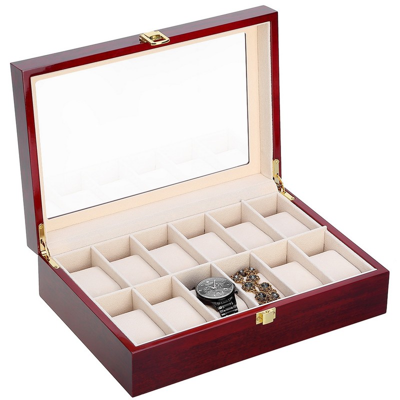 3/6/10/12 Slot Wooden Watch Box Glass Lid Jewelry Organizer Display Case Gift gallery