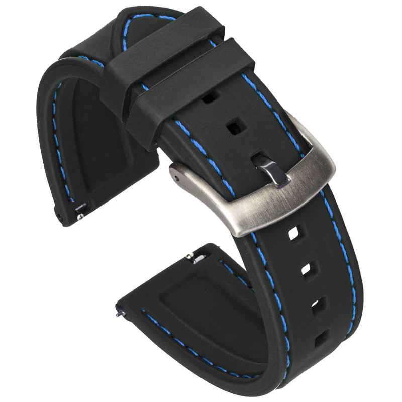 Quick Release Silicone Watch Band – Black / Blue Stitching – 18, 20, 22 or 24mm