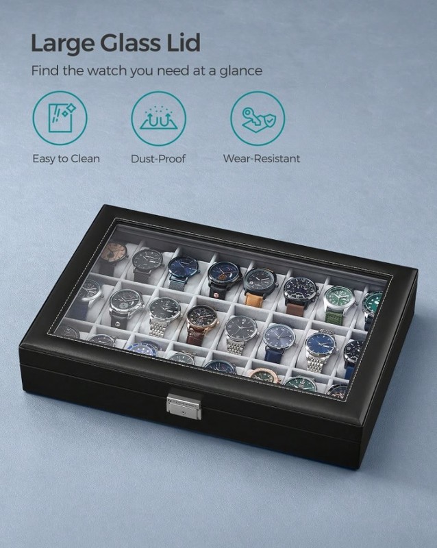 24 Slot Watch Box Lockable Storage Case Glass Lid Black Display Organizer gallery