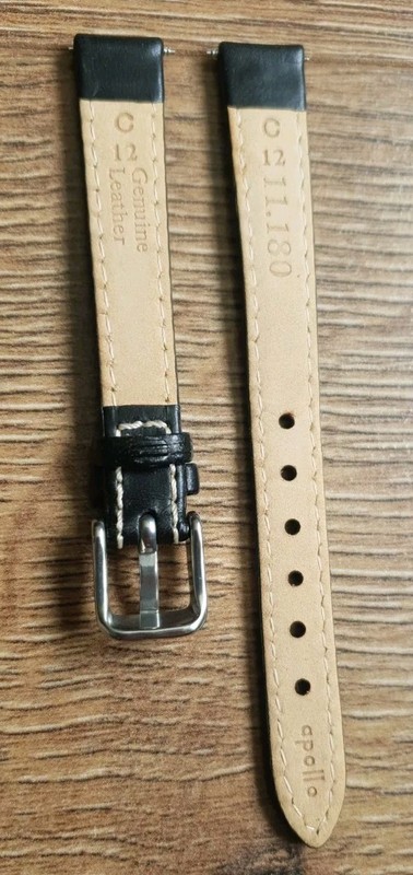 12mm VINTAGE SADDLE LEATHER BLACK APOLLO WATCH STRAP, SILVER BUCKLE. gallery