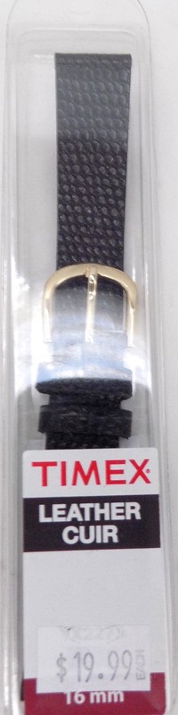Timex 16mm Black Lizard Grain Leather Watch Band NOS Gold Buckle 7.75″