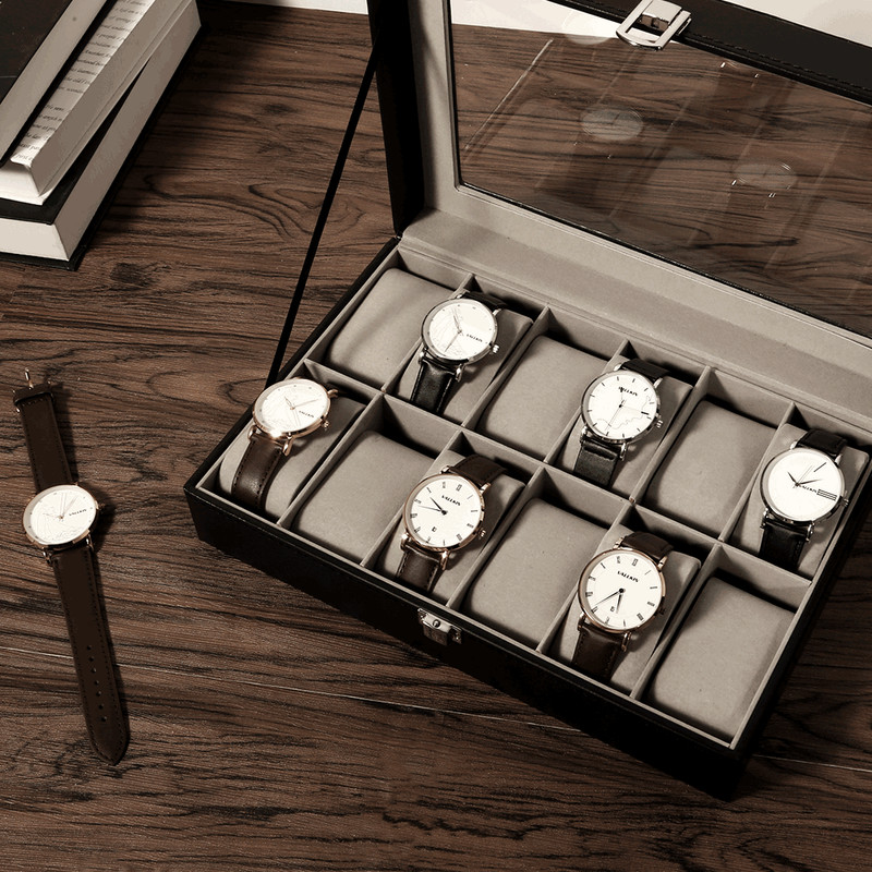 12 Slots PU Leather Watch Box Glass Lid Jewelry Storage Display Organizer Case gallery