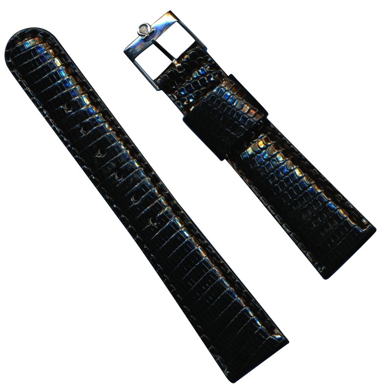 New Black 18mm Retro Genuine Lizard MB Strap Band & Vintage Steel Omega Buckle