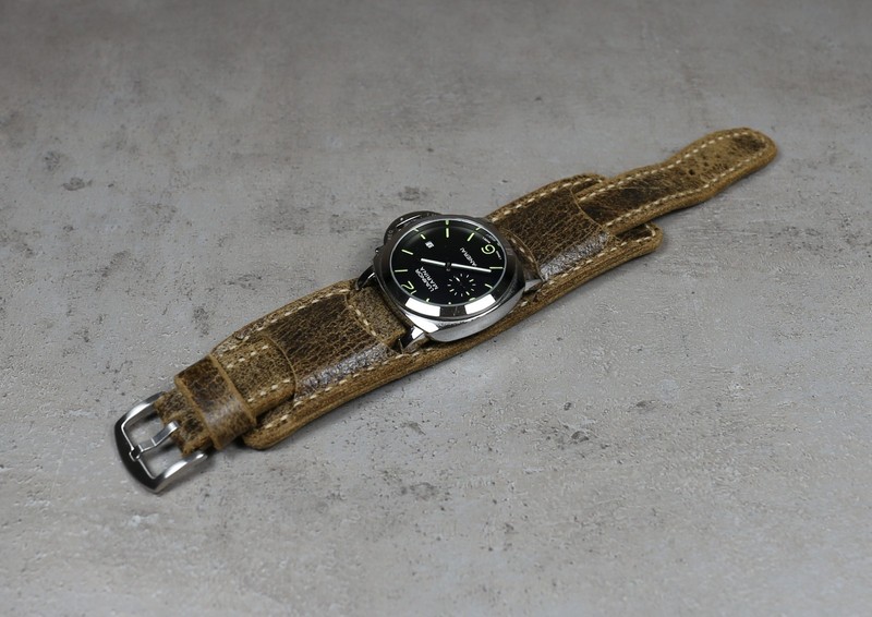 Distressed Brown Bund Watch Strap Vintage Aviator Leather Cuff Handmade 18/20/22 gallery