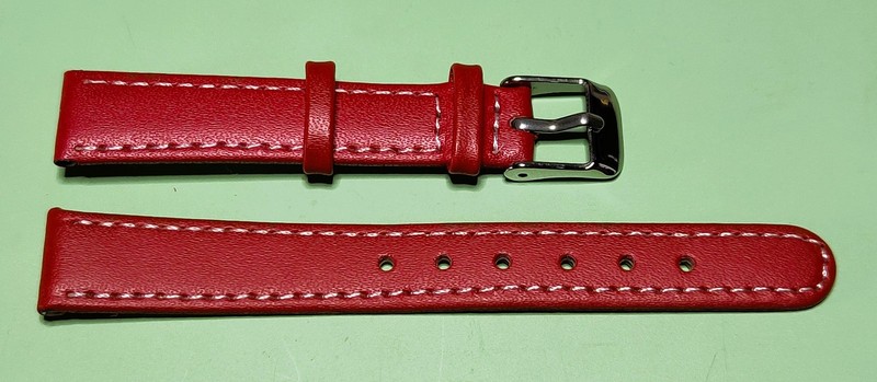 Red White-Stitched Leather Watch Strap With Chrome Buckle