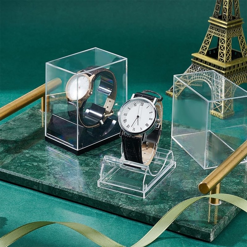 2pcs Clear Acrylic Watch Display Stand Box Single Watch Holder Case - Black gallery