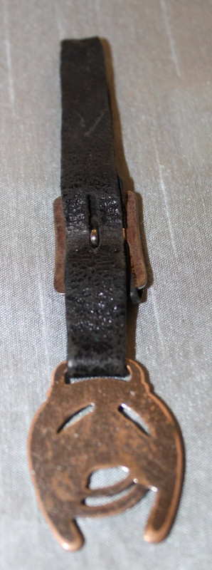 Antique Metal Horse Horseshoe Watch Fob Leather Strap Engraved Buckle gallery