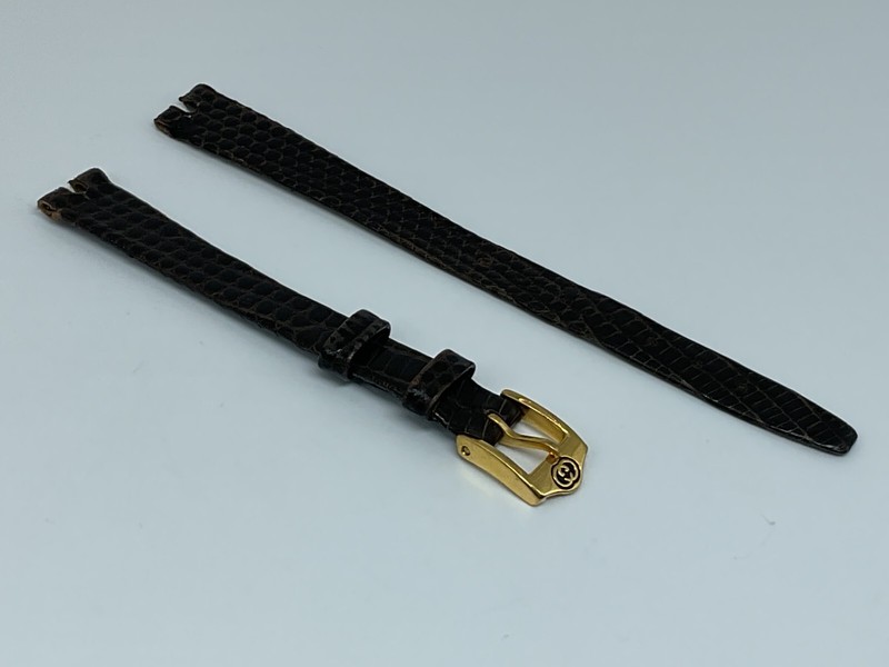 NOS 10MM GENUINE GUCCI BROWN LEATHER STRAP BAND LIZARD GRAIN WITH YELLOW BUCKLE