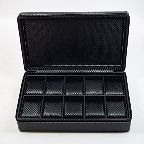10 Watch Briefcase Black Carbon Fiber Zippered Travel Storage Case 50MM Father's gallery