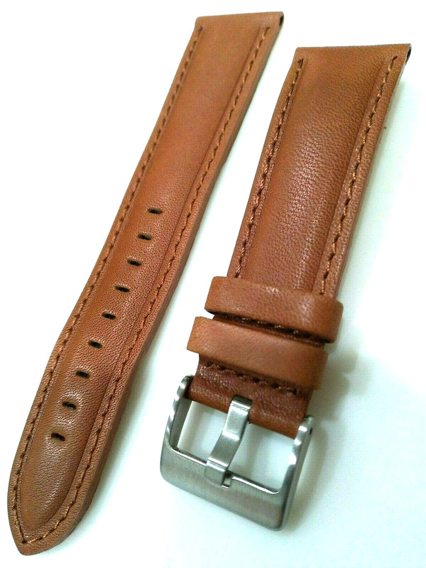 New Mens Tan Padded Genuine Oil Leather 22mm Watch Band Satin Nickel Buckle