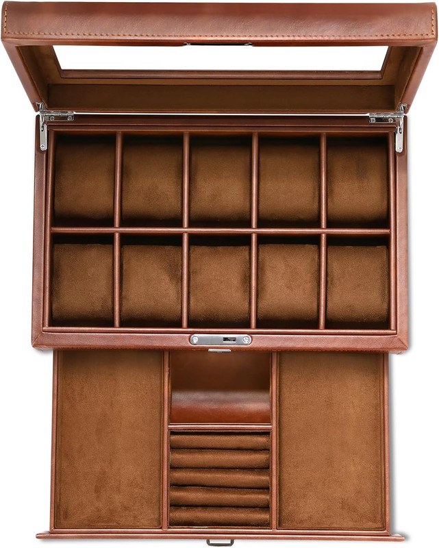 Leather Watch Box with Drawer-10 Slots Locking Jewelry Watches Holder for Men-Lu