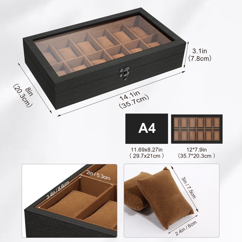 Double Layer Watch Box 12 Slot Wooden Watch Case w/ Glass Lid Jewelry Case GIFT gallery