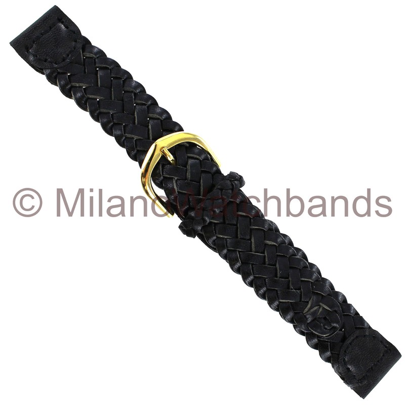 16mm Milano Black All Braid Stitched Genuine Leather Mens Watch Band MS 18750