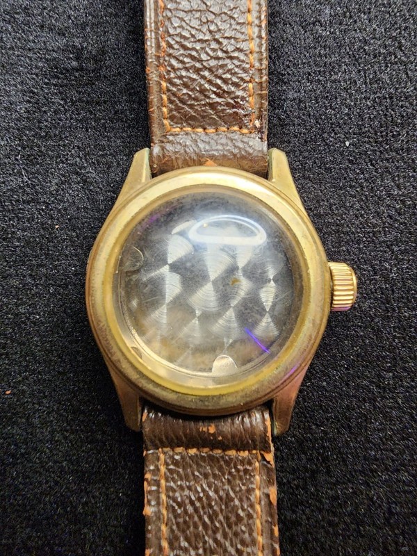 Vintage Gold Tone Watch Case w/ Brown Leather Strap – Stainless Back – Parts
