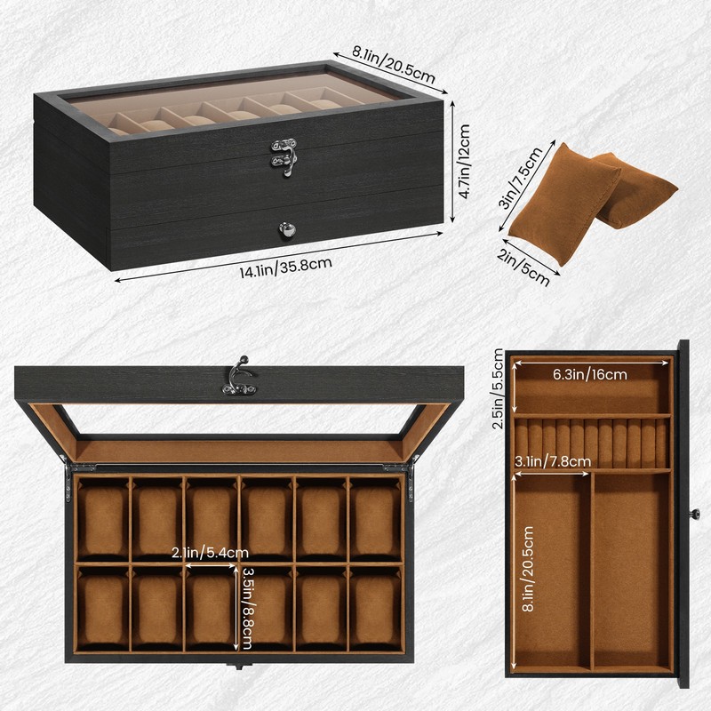 12 Slots Solid Wood Watch Box - Watch & Jewelry Storage Display Case, Gift gallery