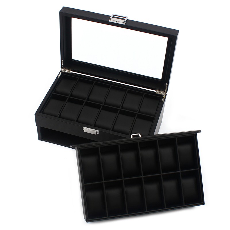 Watch Box Organizer 24 Slots with Drawer Storage Display Watch Case Carbon Fiber gallery