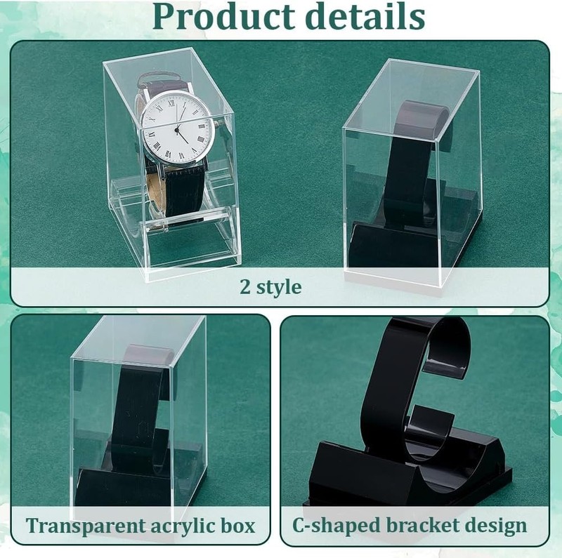 2pcs Acrylic Watch Display Stand Box Single Watch Holder Case Clear Black gallery