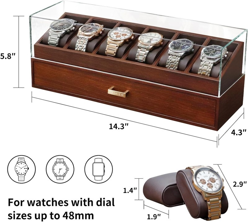 NEW Wooden Watch Box 6 Slots Glass Lid 2-Layer Jewelry Organizer Walnut Gift Box gallery