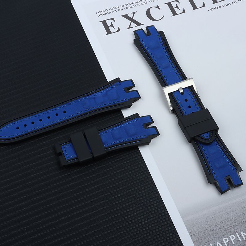 28mm Nubuck Leather Rubber Watch Band Strap Fits Roger Dubuis EXCALIBUR Blue gallery