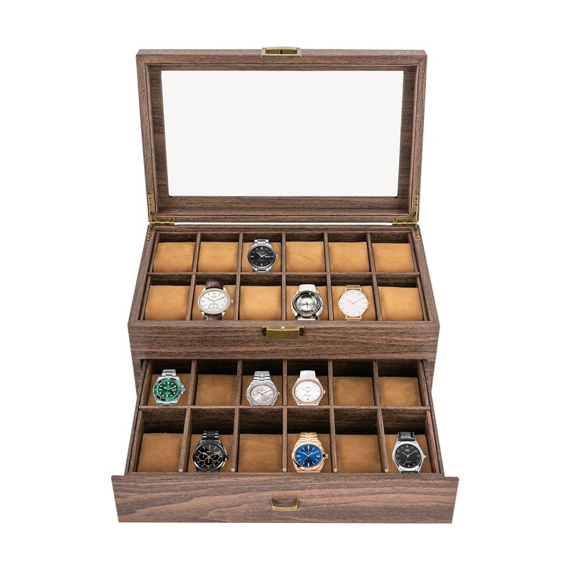 24 Slots Watch Box Watch Case Mens Jewelry Holder Watch Display Case w/ Drawer gallery