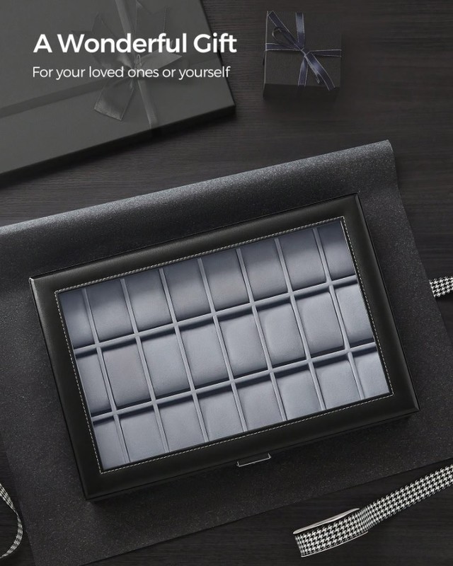 24 Slot Watch Box Lockable Storage Case Glass Lid Black Display Organizer gallery