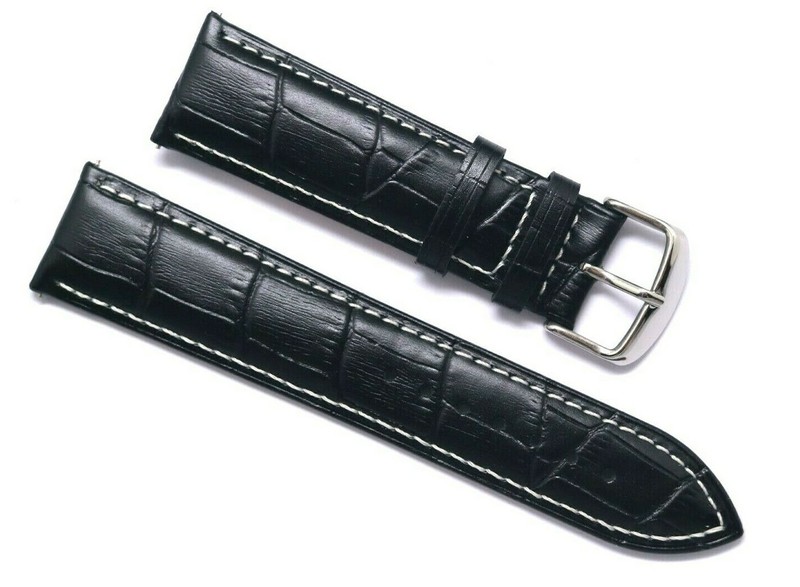 20 22 24mm Black/White Crocodile Grain Leather Watch Band Silver Tone Buckle