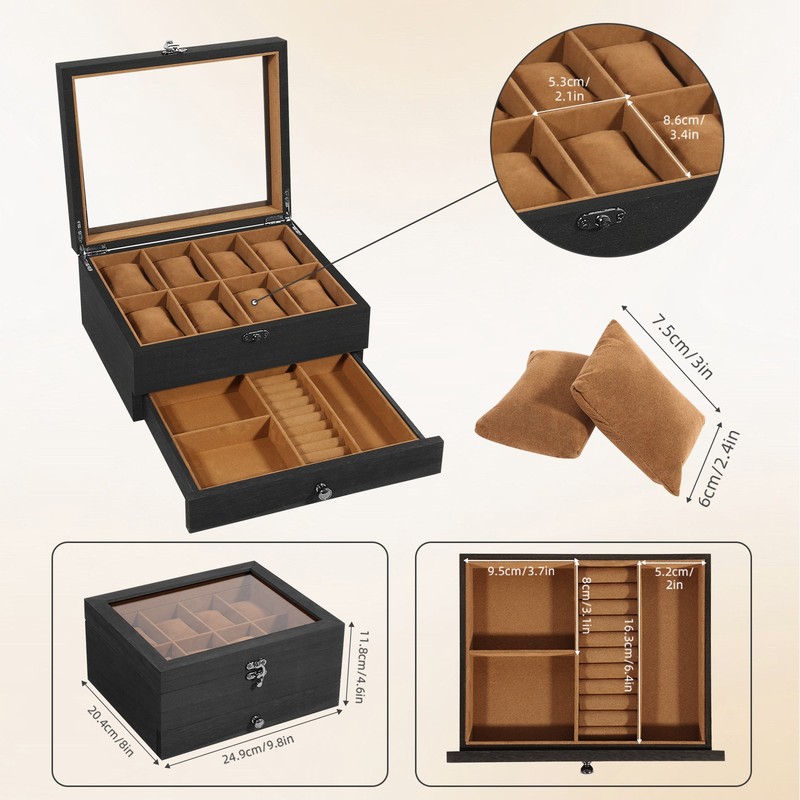 8 Slots Watch Case Solid Wood Jewelry Storage Watch Display Box with Glass Lid gallery