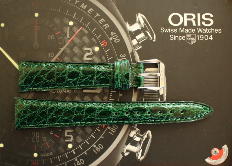 NOS 19MM GREEN CROCO LEATHER WATCH BAND WATCHBAND STRAP & SILVER BUCKLE FOR ORIS